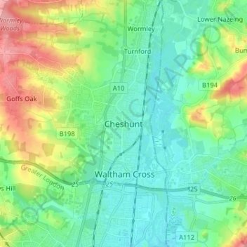 Cheshunt topographic map, elevation, terrain