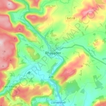 Rhayader topographic map, elevation, terrain