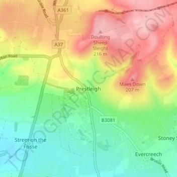 Prestleigh topographic map, elevation, terrain