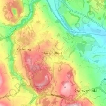Gwernaffield topographic map, elevation, terrain