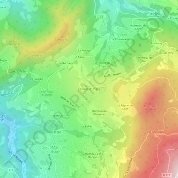 Le Pinet d'Uriage topographic map, elevation, terrain