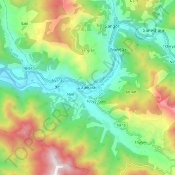 Uttarkashi topographic map, elevation, terrain