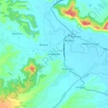Handwara topographic map, elevation, terrain