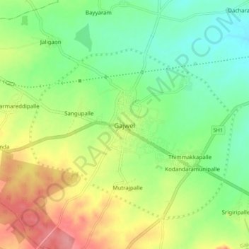 Gajwel topographic map, elevation, terrain