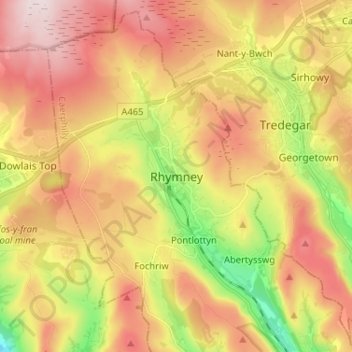 Rhymney topographic map, elevation, terrain