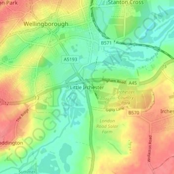 Little Irchester topographic map, elevation, terrain