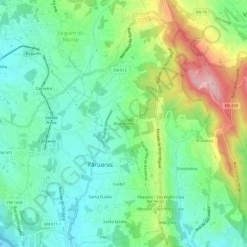 Montezelo topographic map, elevation, terrain