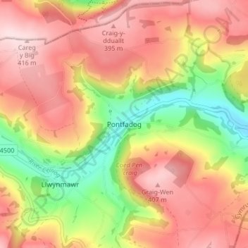 Pontfadog topographic map, elevation, terrain