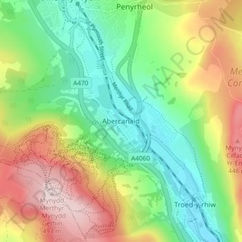Abercanaid topographic map, elevation, terrain
