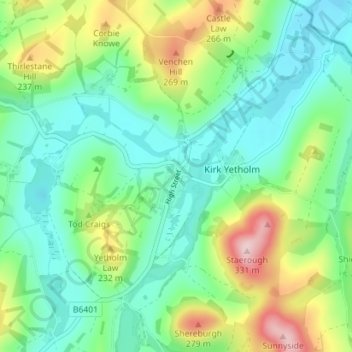 Town Yetholm topographic map, elevation, terrain