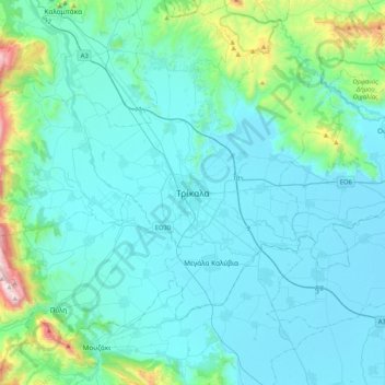 Trikala topographic map, elevation, terrain
