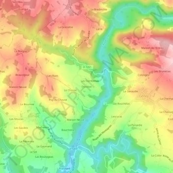 Doussac topographic map, elevation, terrain