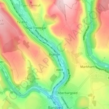 Brithdir topographic map, elevation, terrain