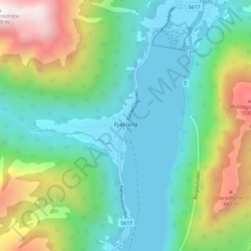 Fjærland topographic map, elevation, terrain