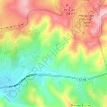 Leguna Seca Recreational Area topographic map, elevation, terrain