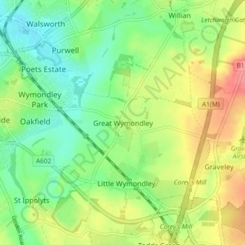 Great Wymondley topographic map, elevation, terrain