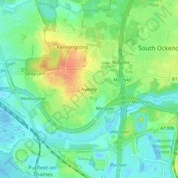 Aveley topographic map, elevation, terrain