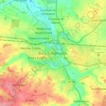 Bury St Edmunds topographic map, elevation, terrain