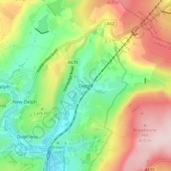 Diggle topographic map, elevation, terrain