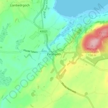 Pentraeth topographic map, elevation, terrain