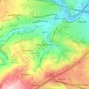 Holywell Green topographic map, elevation, terrain