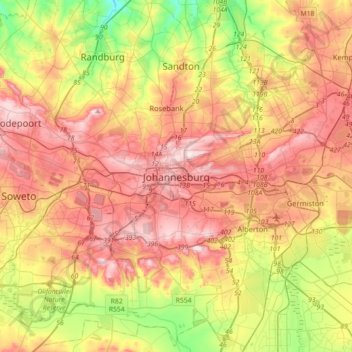 Johannesburg topographic map, elevation, terrain