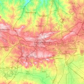 Johannesburg topographic map, elevation, terrain