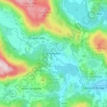 Elterwater topographic map, elevation, terrain