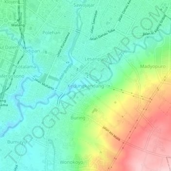 Kedungkandang topographic map, elevation, terrain