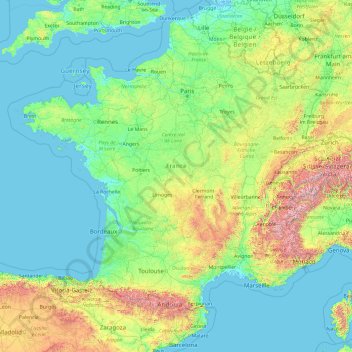 Metropolitaans Frankrijk topographic map, elevation, terrain