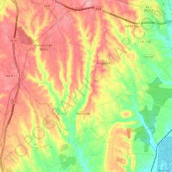 Brogueira, Parceiros de Igreja e Alcorochel topographic map, elevation, terrain