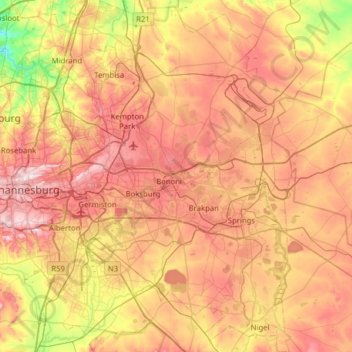 City of Ekurhuleni Metropolitan Municipality topographic map, elevation, terrain