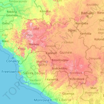 Guinea topographic map, elevation, terrain