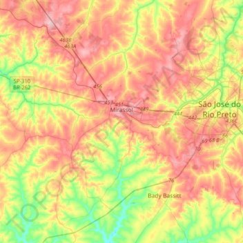 Mirassol topographic map, elevation, terrain