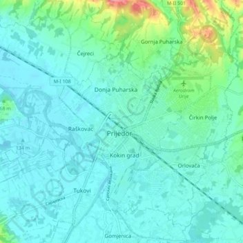 Prijedor topographic map, elevation, terrain