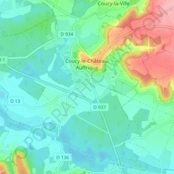 Coucy-le-Château-Auffrique topographic map, elevation, terrain