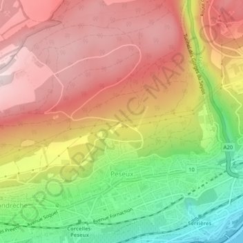 Peseux topographic map, elevation, terrain