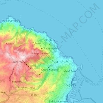 Daïra Bab El Oued topographic map, elevation, terrain