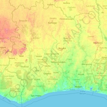 Côte d'Ivoire topographic map, elevation, terrain