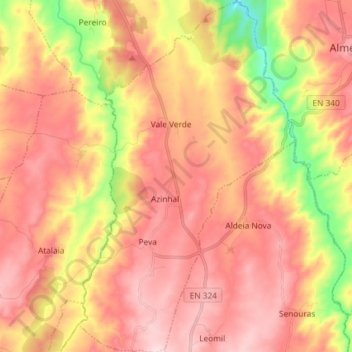 Azinhal, Peva e Valverde topographic map, elevation, terrain