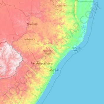 KwaZulu-Natal topographic map, elevation, terrain