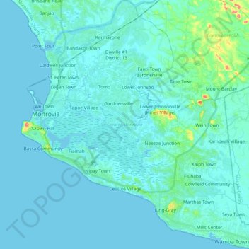 Greater Monrovia topographic map, elevation, terrain