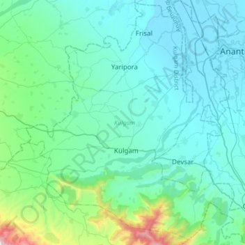 Kulgam topographic map, elevation, terrain