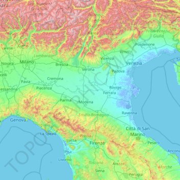 Po Valley topographic map, elevation, terrain