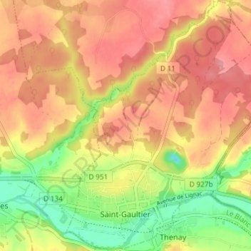 Saint-Gaultier topographic map, elevation, terrain