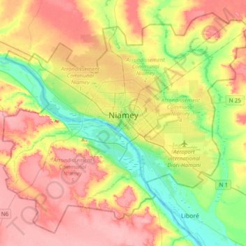 Niamey topographic map, elevation, terrain