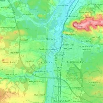 Erlangen topographic map, elevation, terrain