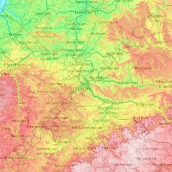 Region Stuttgart topographic map, elevation, terrain