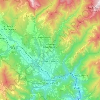 Pieve Fosciana topographic map, elevation, terrain