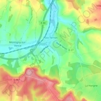 Poix-Terron topographic map, elevation, terrain